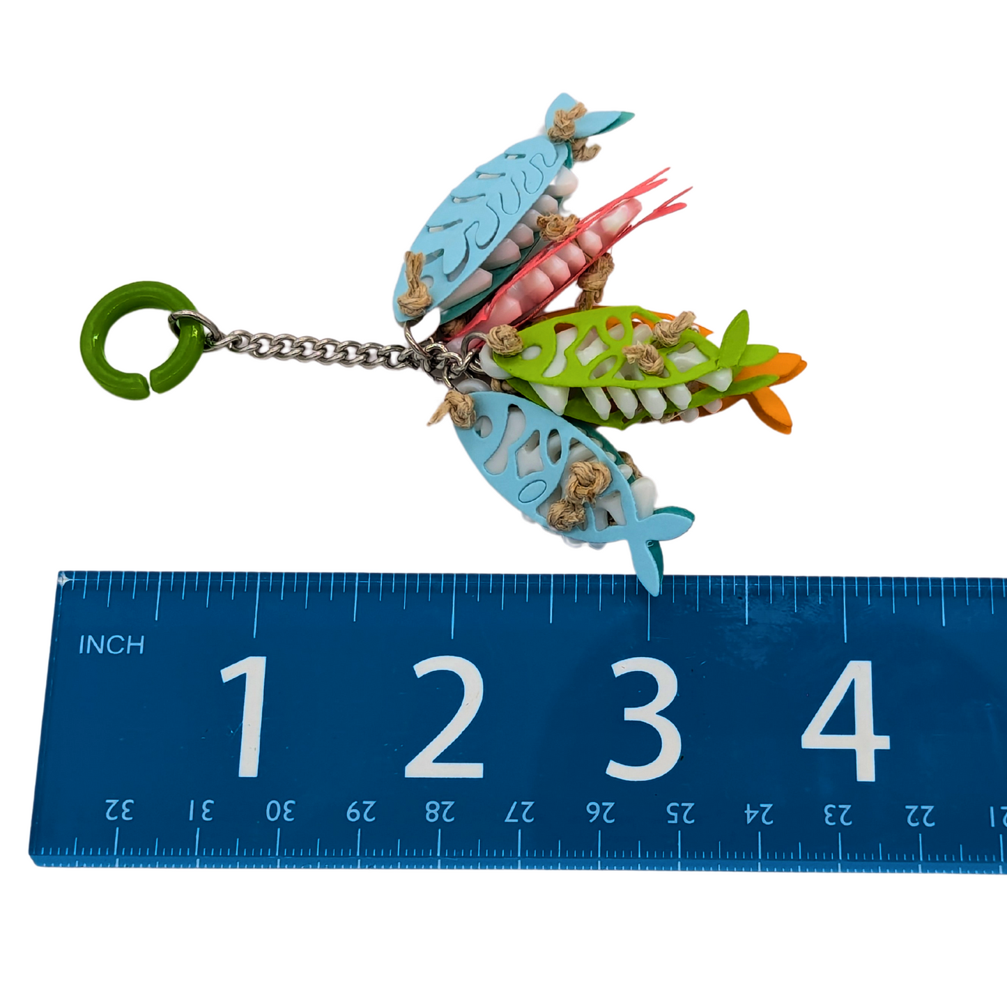 Catch of the Day small parrot toy by Tiny Conure Trinkets, shown next to ruler for scale