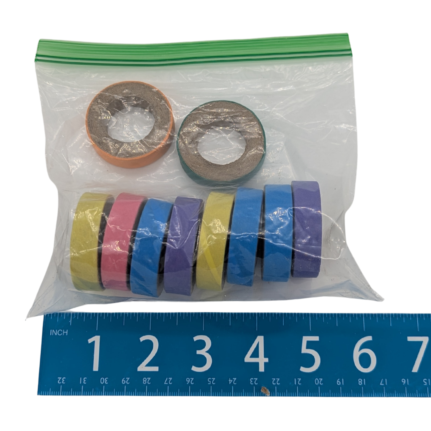 Bag of 10 Thick Bagels for parrot toy parts by Lil Monsters Bird Toy, with ruler for scale