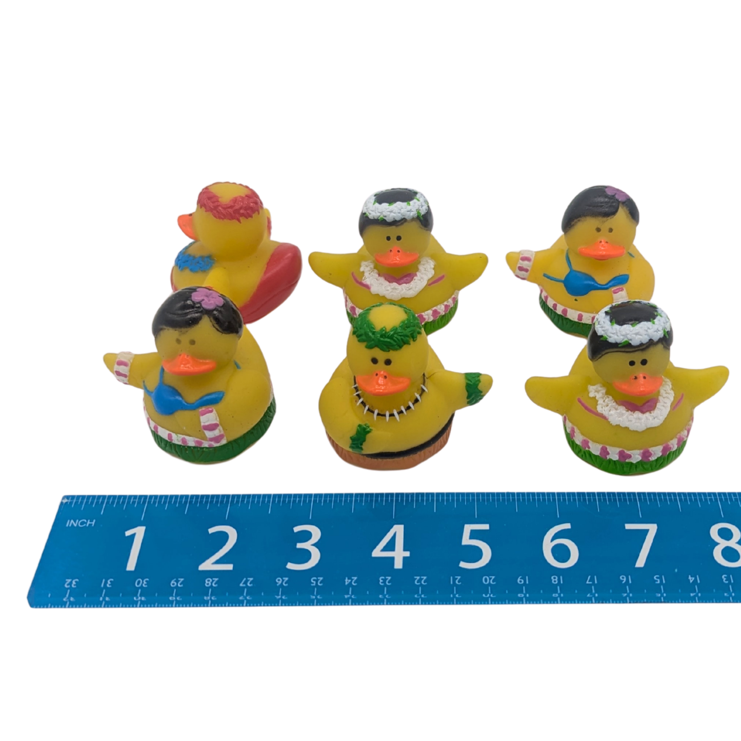Luau Themed Rubber Duck Parrot Toy Part by Lil Monsters Bird Toys, six next to ruler for scale and differences