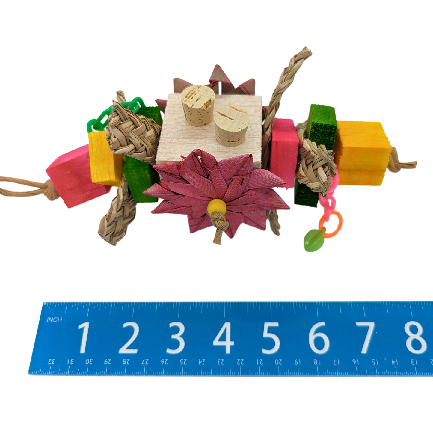 Summer Vibes summer themed parrot toy by Lil Monsters Bird Toys, next to ruler for scale