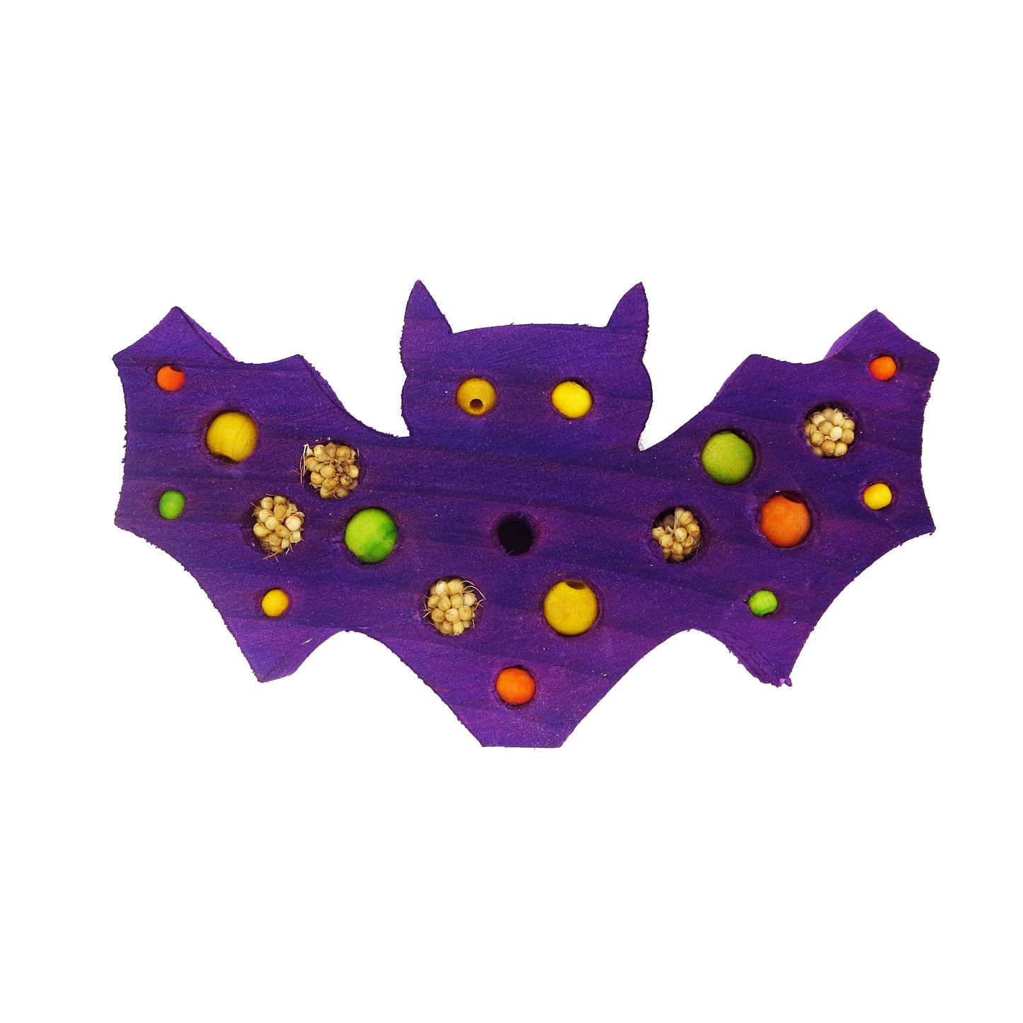 A bat shaped piece of balsa. Includes embedded beads and millet. A Halloween themed toy for small parrots such as conures, cockatiels. budgies, parakeets, ringnecks and more.
