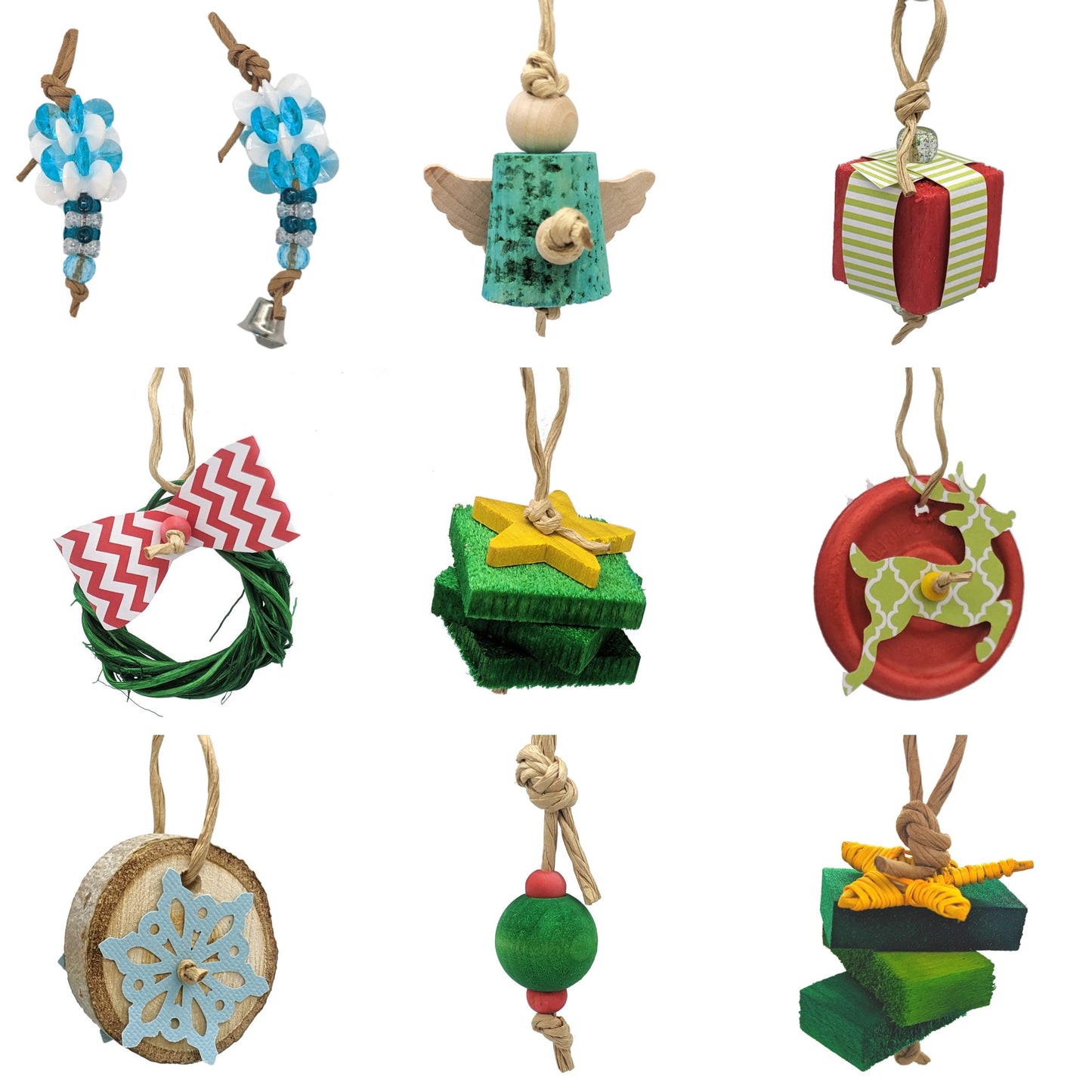 An assortment of Christmas ornaments made with bird safe materials