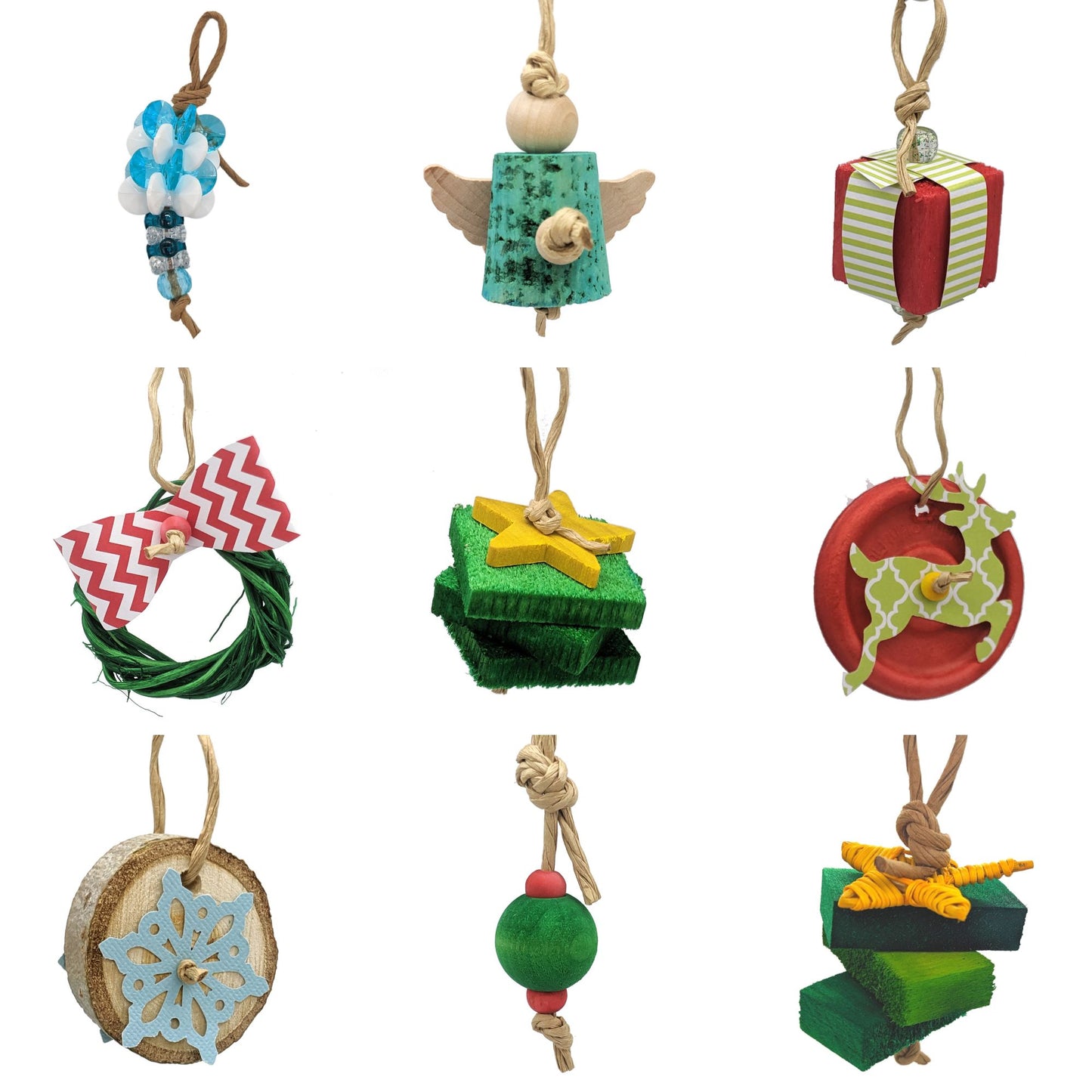 An assortment of Christmas ornaments made with bird safe materials