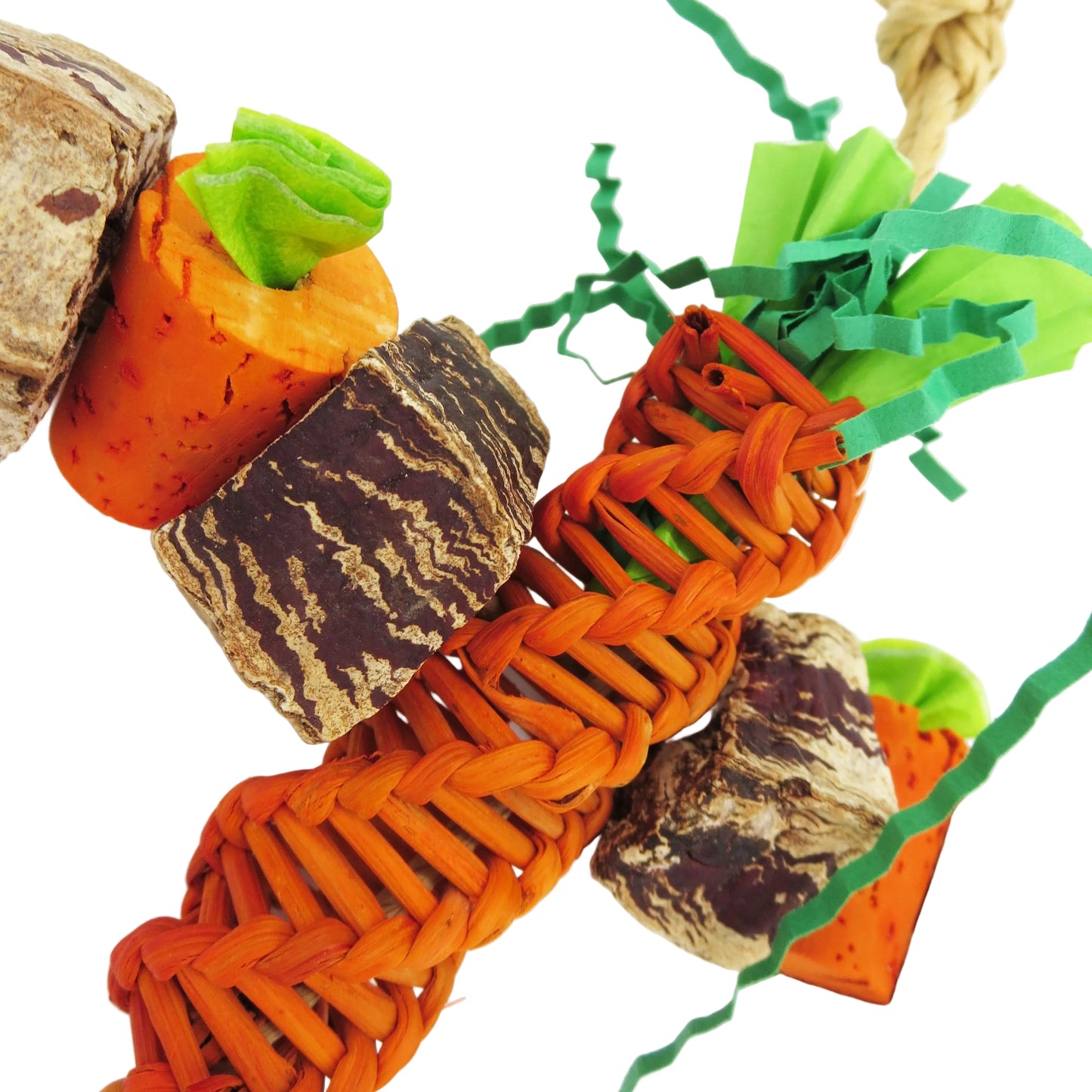 Carrot Patch by Lil Monsters Bird Toys. Close up shot.