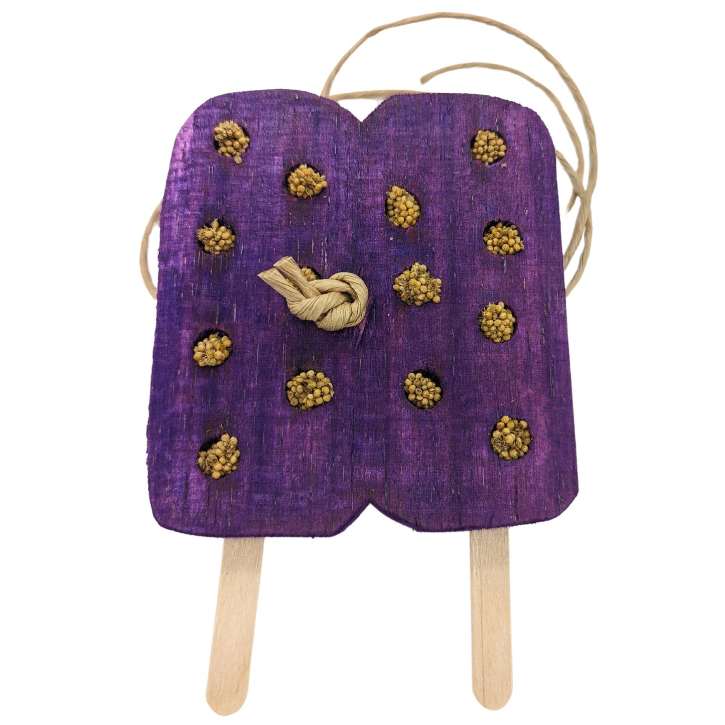A twin popsicle shaped piece of balsa with popsicle sticks coming out the bottom, and paper rope through the middle and embedded millet pieces
