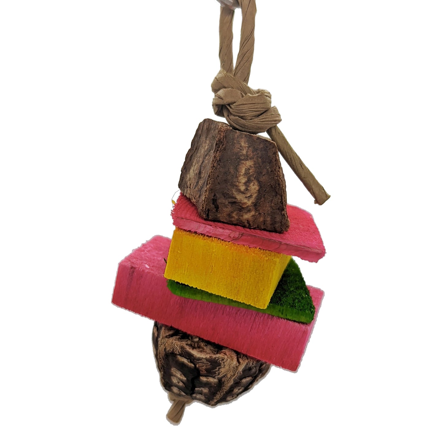 A small bird toy with two mahogany pods,, two super thin pieces of pine, and 2 balsa slats.