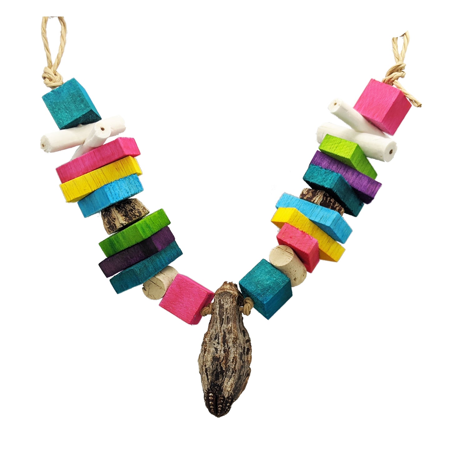 A toy for parrots that hangs from both ends as a garland. Features 1 inch balsa blocks, cork stoppers, mahogany pod slices, sola sticks, and half inch thick balsa slats. In the center is a whole mahogany pod.