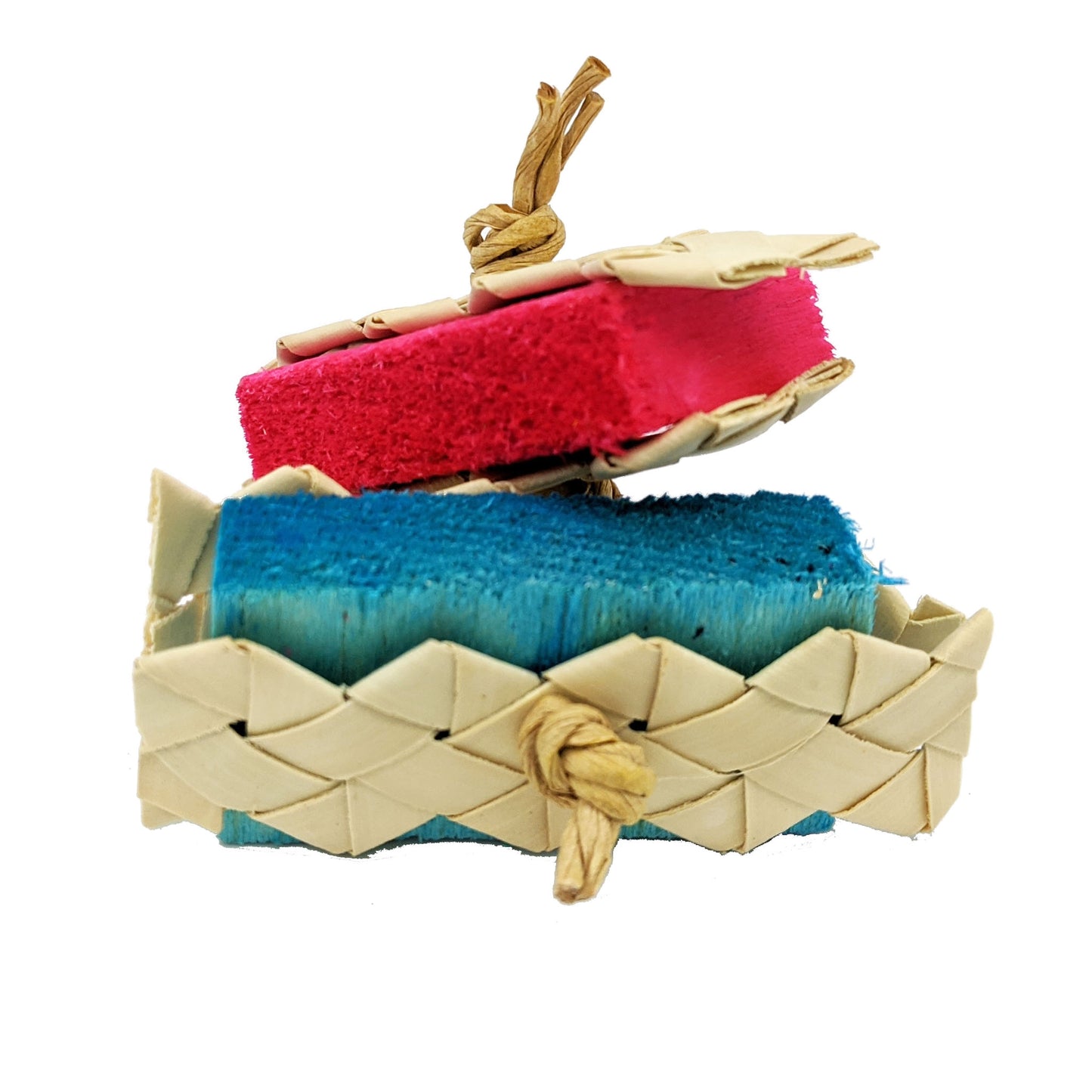 Two foot toys for parrots. Made with a half inch thick balsa slats, with woven palm strips held on either side with paper rope.