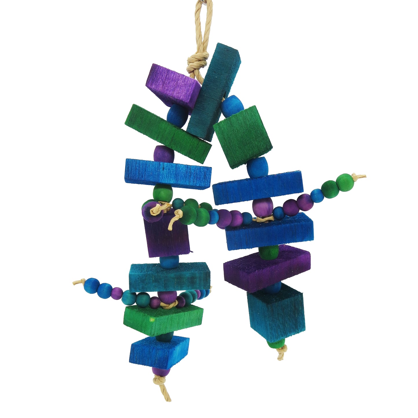 A toy with 10 half inch thick balsa slats, 3 one inch balsa blocks, and 3 sets of wooden beads.