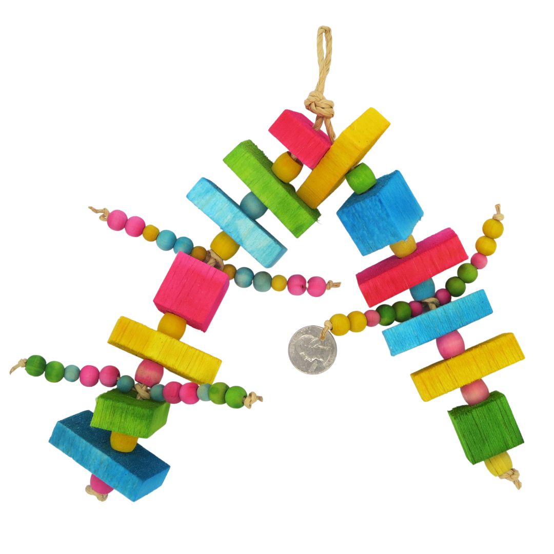 A toy with 10 half inch thick balsa slats, 3 one inch balsa blocks, and 3 sets of wooden beads. Shown with US quarter for scale