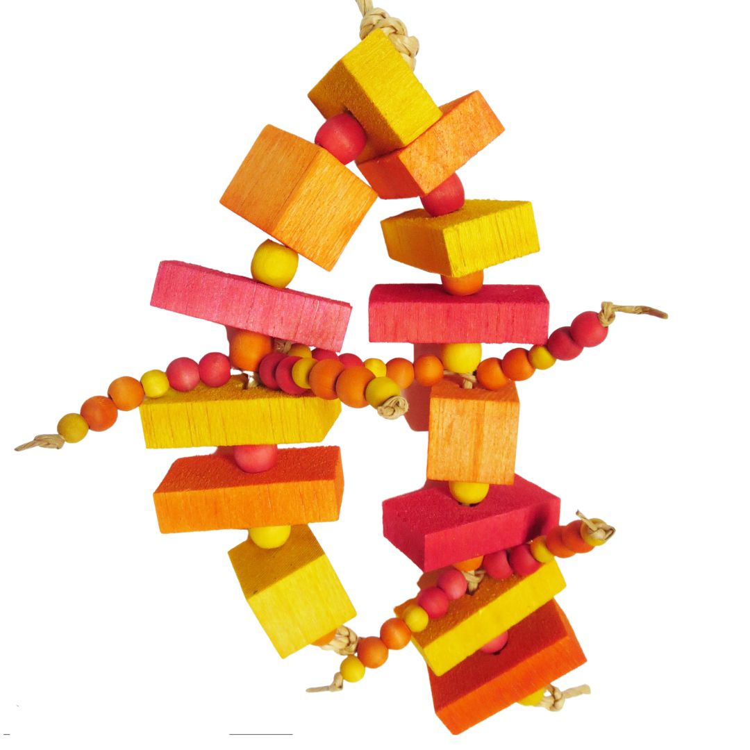 A toy with 10 half inch thick balsa slats, 3 one inch balsa blocks, and 3 sets of wooden beads.