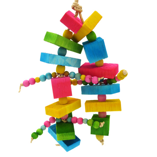 A toy with 10 half inch thick balsa slats, 3 one inch balsa blocks, and 3 sets of wooden beads. 