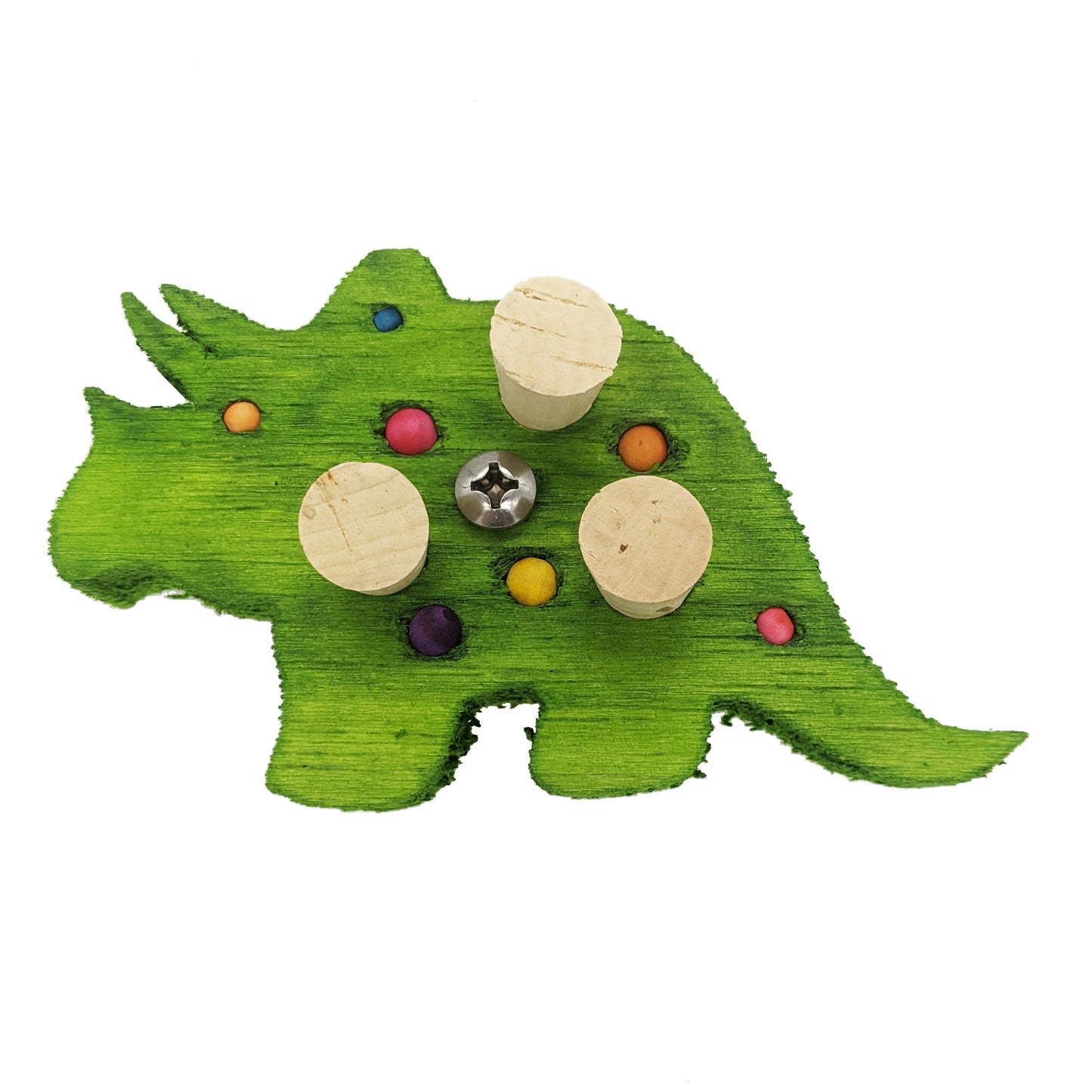 A triceratops shaped piece of balsa, with embedded corks, 4 spots for beads or millets, and 3 smaller beads.