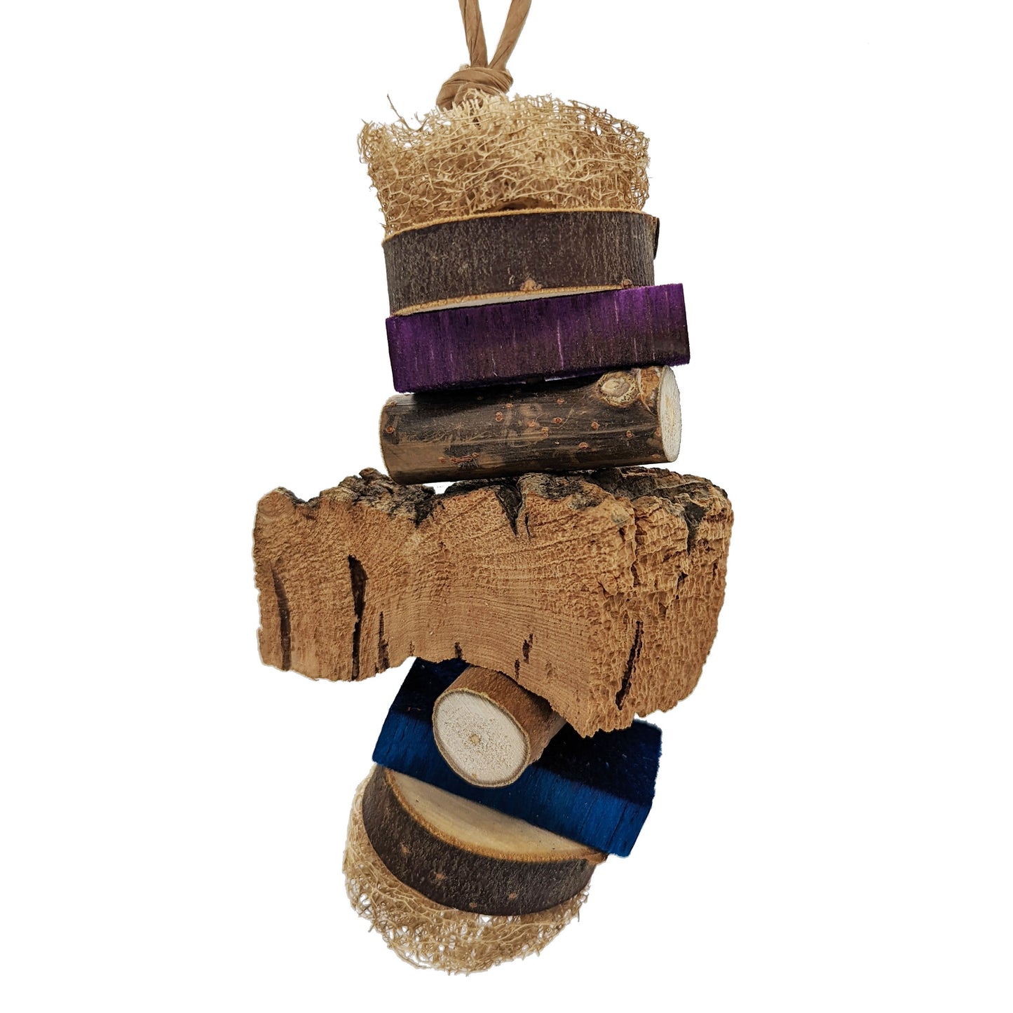 A parrot toy starting with loofah, cottonwood coin, balsa slat, cottonwood log, with a piece of cork bark before it repeats on the other side.