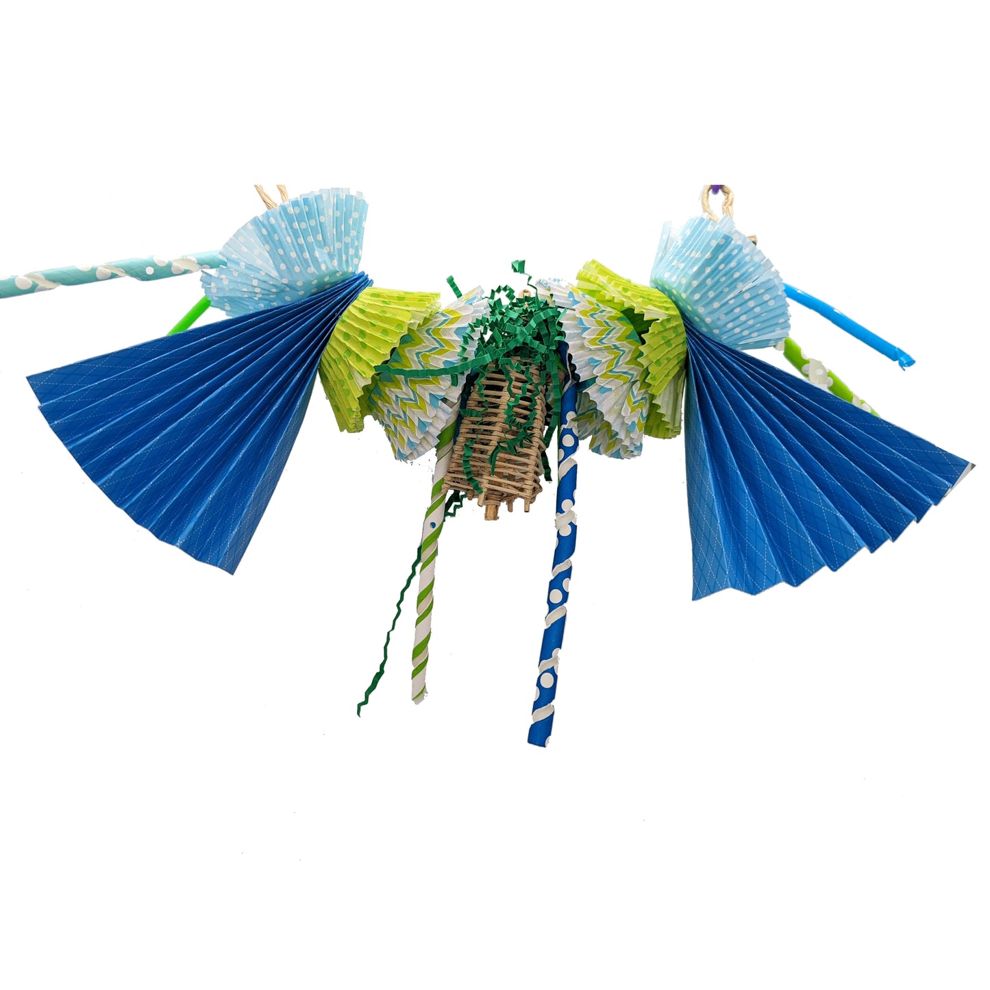 A garland style toy for parrots with cupcake liners, paper straws, and shredded paper, in blue and green colors with various patterns. Includes balsa blocks, a vine party hat, and strung on paper rope. Blue and green coloration