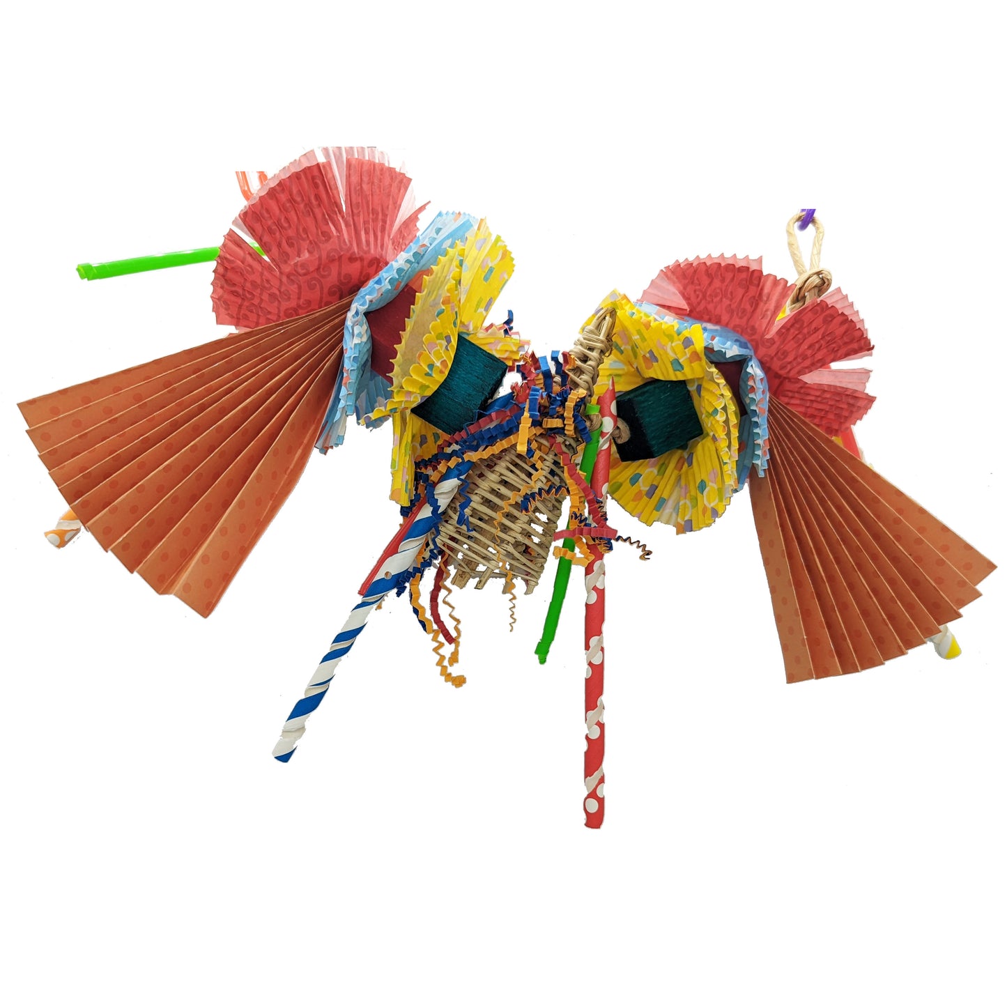 A garland style toy for parrots with mult-colored papers, including cupcake liners, paper straws, and shredded paper, in red, orange, yellow, and blue with various patterns. Includes balsa blocks,, a vine party hat, and strung on paper rope. Orange, blue, yellow coloration