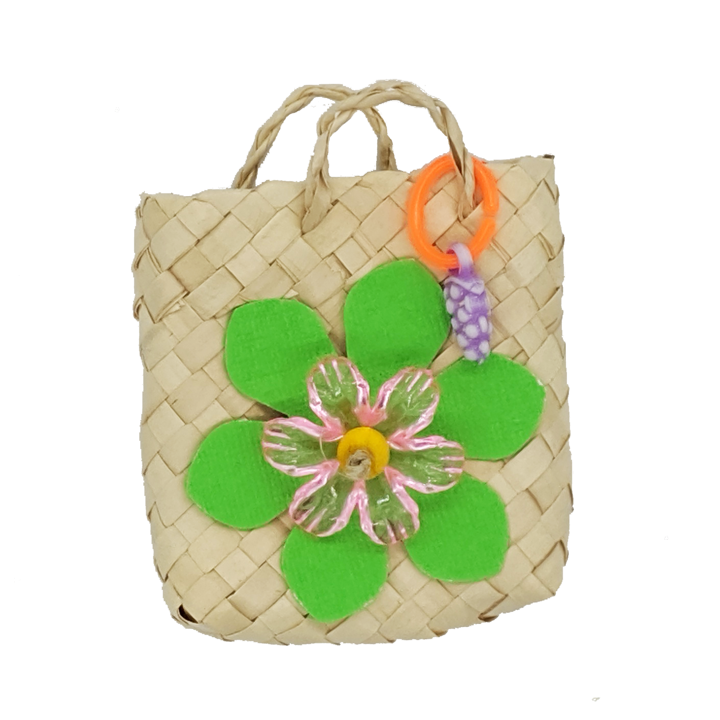 A woven palm bag with cardstock leaves, acrylic flower, and fruit charm.
