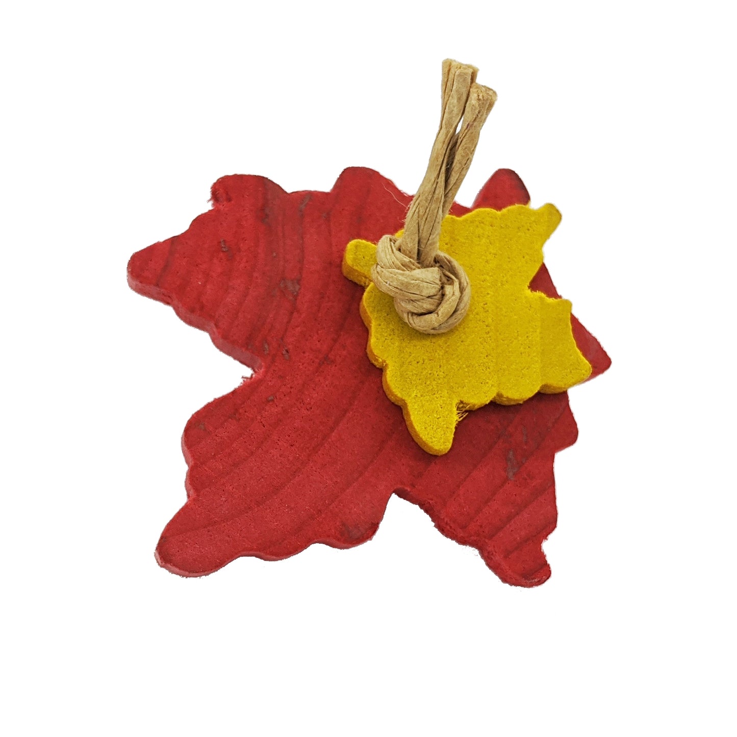 A natural hardwood bird toy. Picture shows a red large leaf with a smaller yellow leaf tied on.