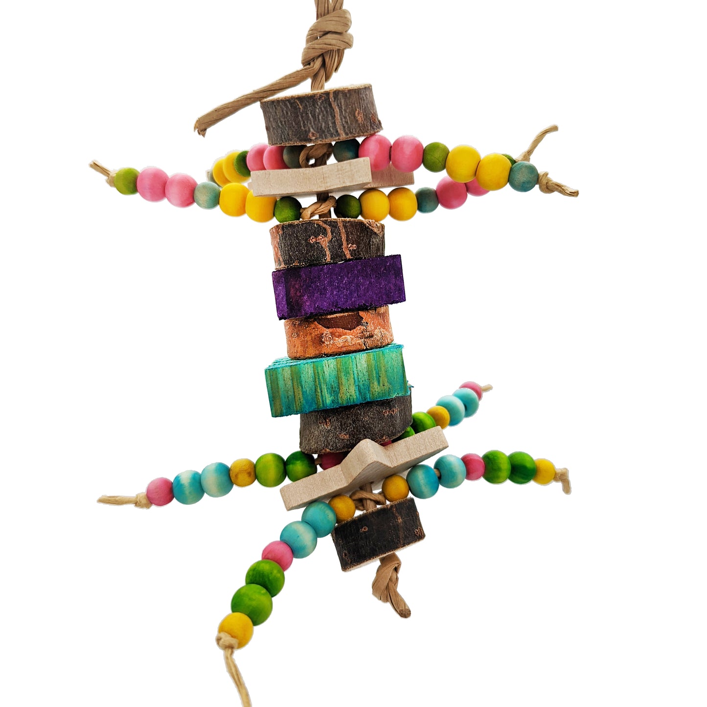A natural wood bird toy with wooden beads, cottonwood slices, hardwood stars, and untreated kiln pine slices. For small to medium birds.