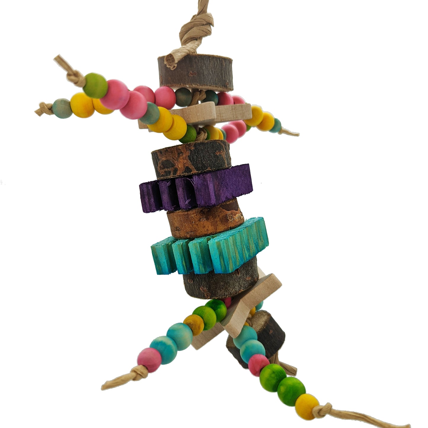 A natural wood bird toy with wooden beads, cottonwood slices, hardwood stars, and untreated kiln pine slices. For small to medium birds.