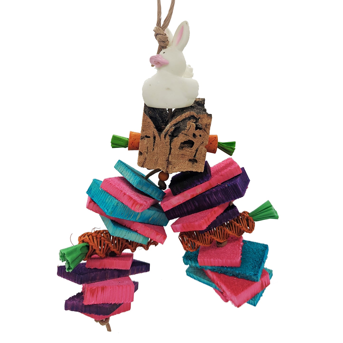 A vinyl rubber bunny sits on top of virgin cork bark, with cork stopper carrots. Includes thin and thick natural, kiln-dried pine slices and vine carrots. Great toy for small or medium birds and parrots, including conures, pionus, amazons, senegals, and more.