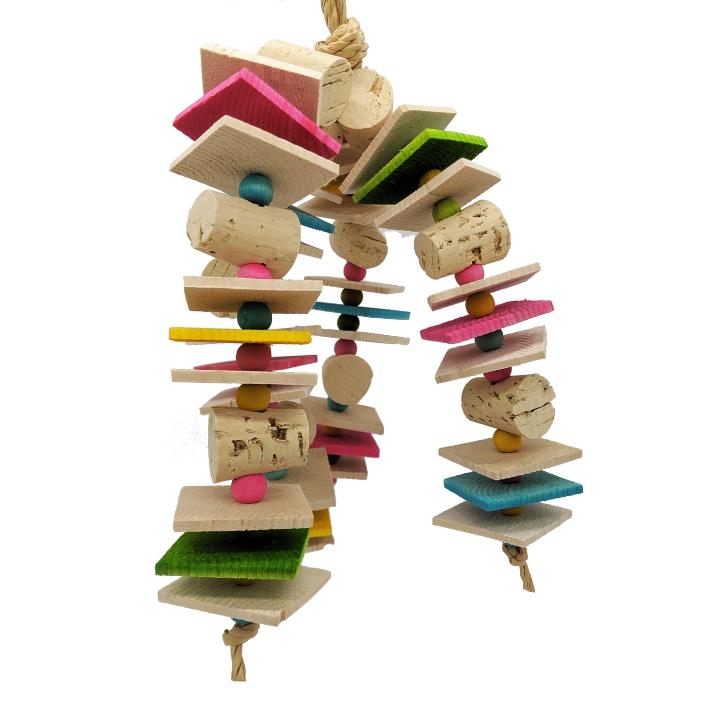 A bird toy with 4 strands of thin pine chips, wooden beads, and cork stoppers.