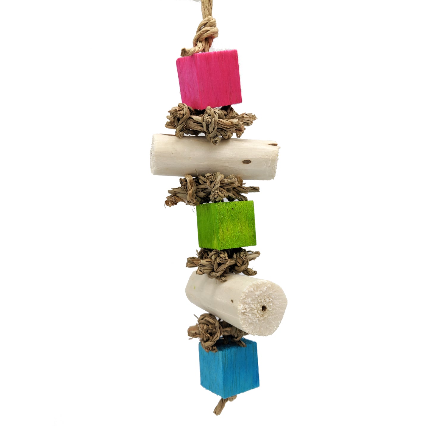 Balsa cubes and sola logs separated by seagrass squares on paper rope.