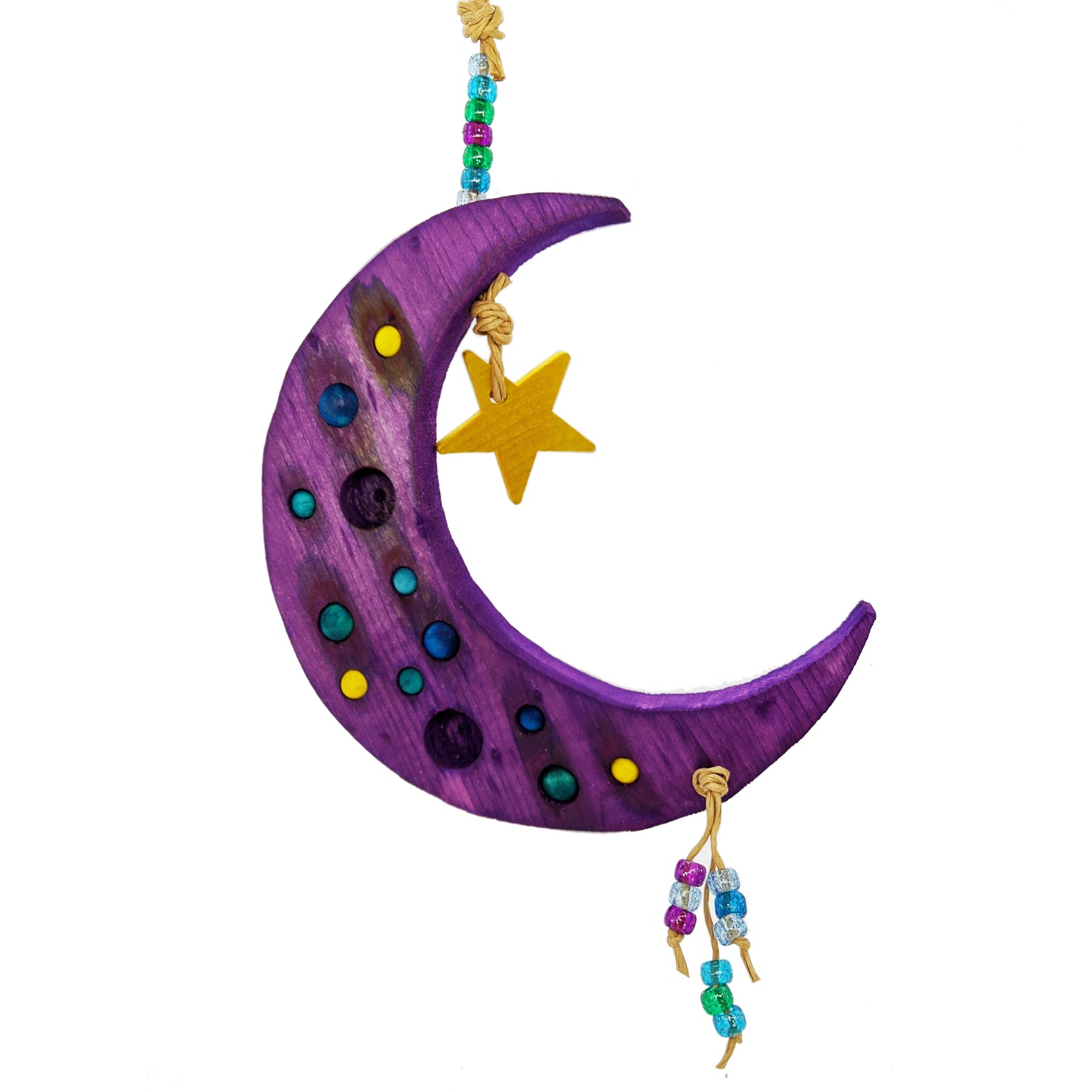A Crescent Moon Shaped Bird toy, made with pine and dotted with wooden beads, a wooden star, and plastic sparkly pony beads