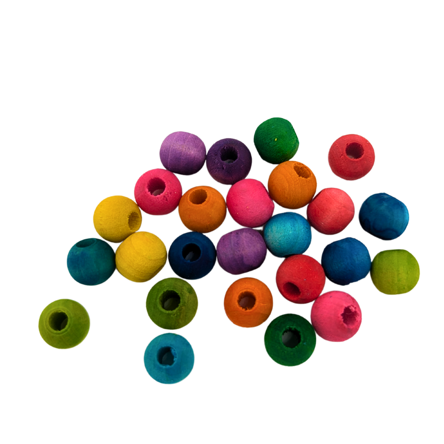 A set of 25 multicolored wood beads measuring 10mm, by Lil Monsters Bird Toys