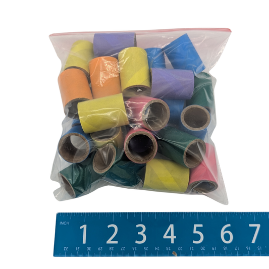 Bag of 25 Bagel Tubes for parrot toy parts by Lil Monsters Bird Toy, with ruler for scale