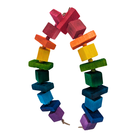 Balsa Rainbow bird toy by Lil Monsters Bird Toys, with rainbow dyed balsa blocks and slats