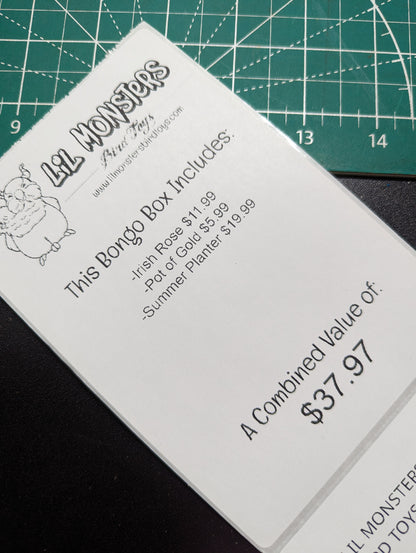 A receipt showing a Bongo Box breakdown. Irish Rose 11.99, Pot of Gold 5.99, Summer Planter 19.99, A Combined Value o 37.97. Photographed on top of a green craft mat with inches. 