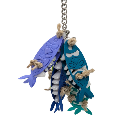 Catch of the Day small parrot toy by Tiny Conure Trinkets, made with plastic and paper fish