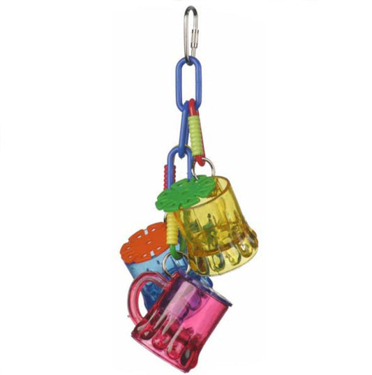 Cheers Sr by Super Bird Creations. A colorful bird foraging toy consisting of plastic mugs hanging from a plastic chain. 