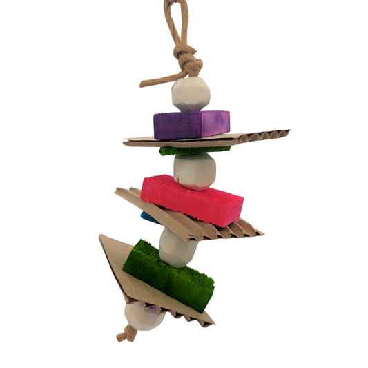 Chickadee parrot toy by Lil Monsters Bird Toys, with sola, balsa, pine, and cardboard