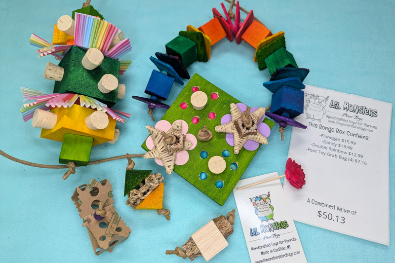 Colorful wooden toys on a blue background with a business card.