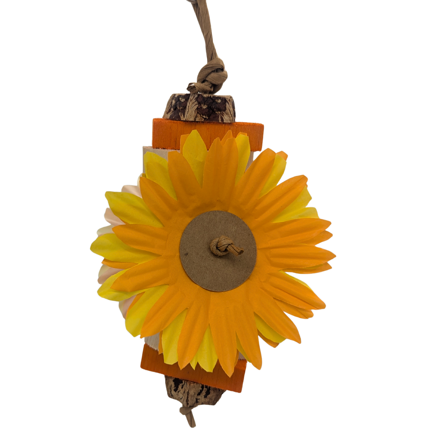Sunflower themed bird toy on a white background