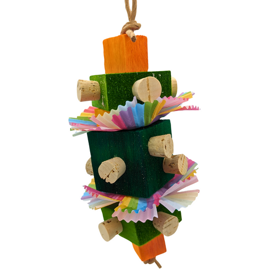 Finnegan St Patrick's Day themed bird toy by Lil Monsters Bird Toys, with balsa, cork, and paper