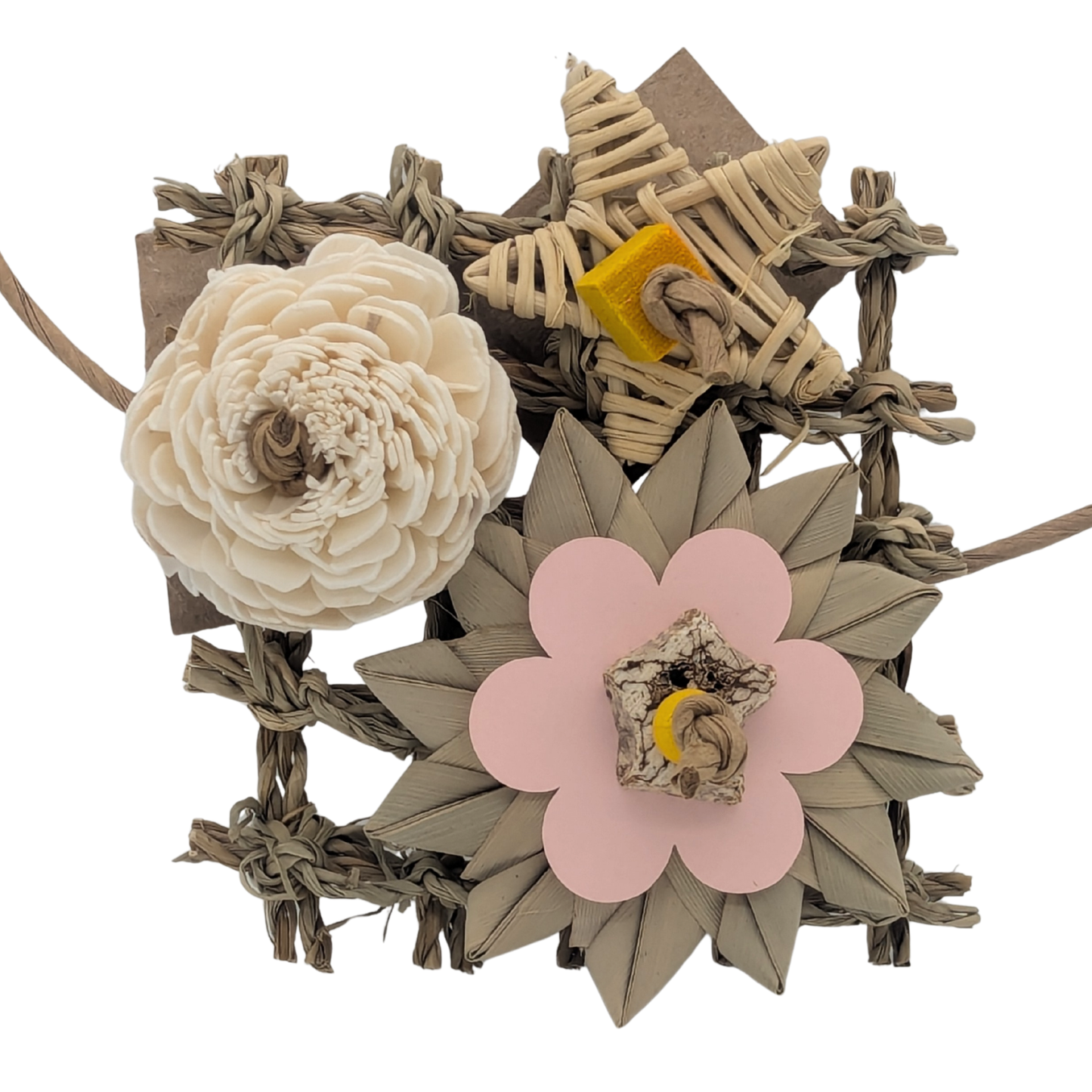 Floral Chic bird toy by Lil Monsters Bird Toys with seagrass, sola, vine, palm, and cardboard. 