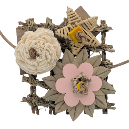Floral Chic bird toy by Lil Monsters Bird Toys with seagrass, sola, vine, palm, and cardboard. 