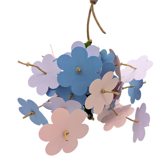 Flower Shower parrot toy by Lil Monsters Bird Toys, with cardstock flowers and balsa