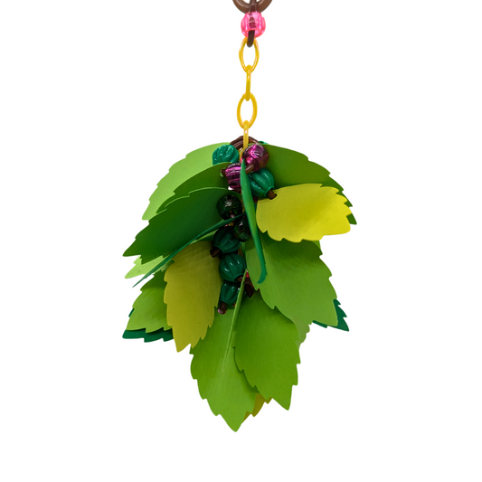 Leaves parrot toy by Tiny Conure Trinkets, with cardstock leaves and plastic beads