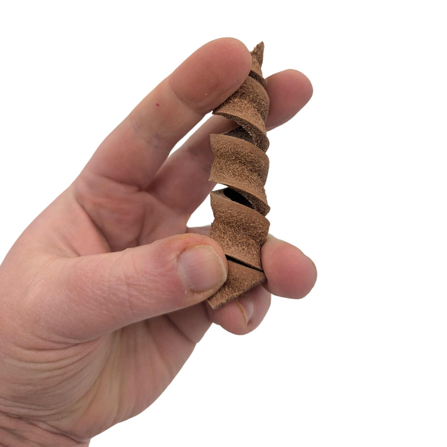 Rotini foot toy by Lil Monsters Bird Toys, held in hand as it pulls each side, showing the flexibility