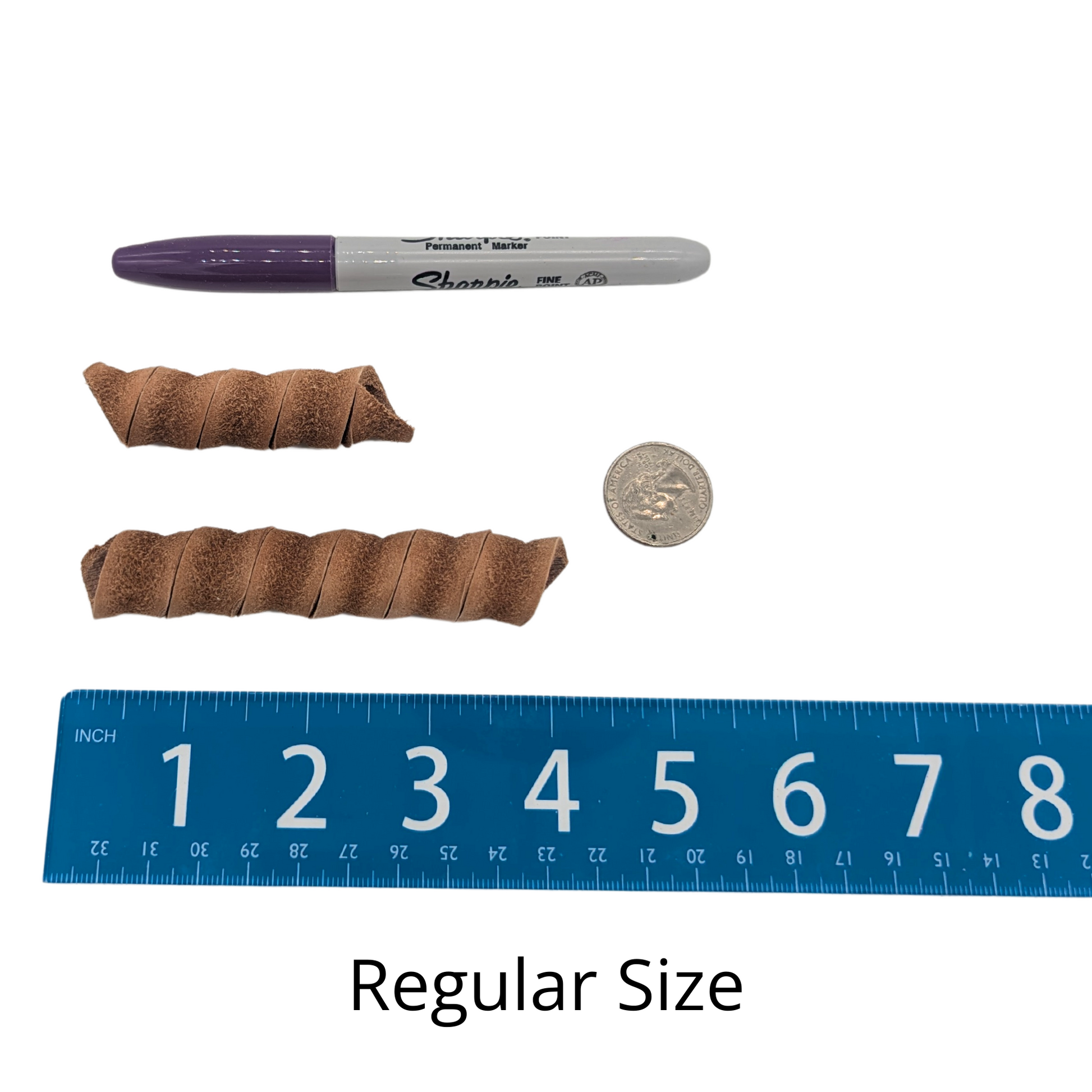 Rotini foot toy by Lil Monsters Bird Toys, next to a sharpie, ruler, and US quarter for scale. This photo specifies it is for the regular size