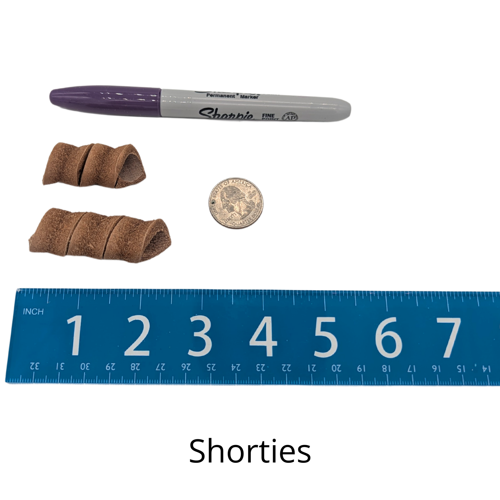 Rotini foot toy by Lil Monsters Bird Toys, next to a sharpie, ruler, and US quarter for scale. This photo specifies it is for the shorties size.