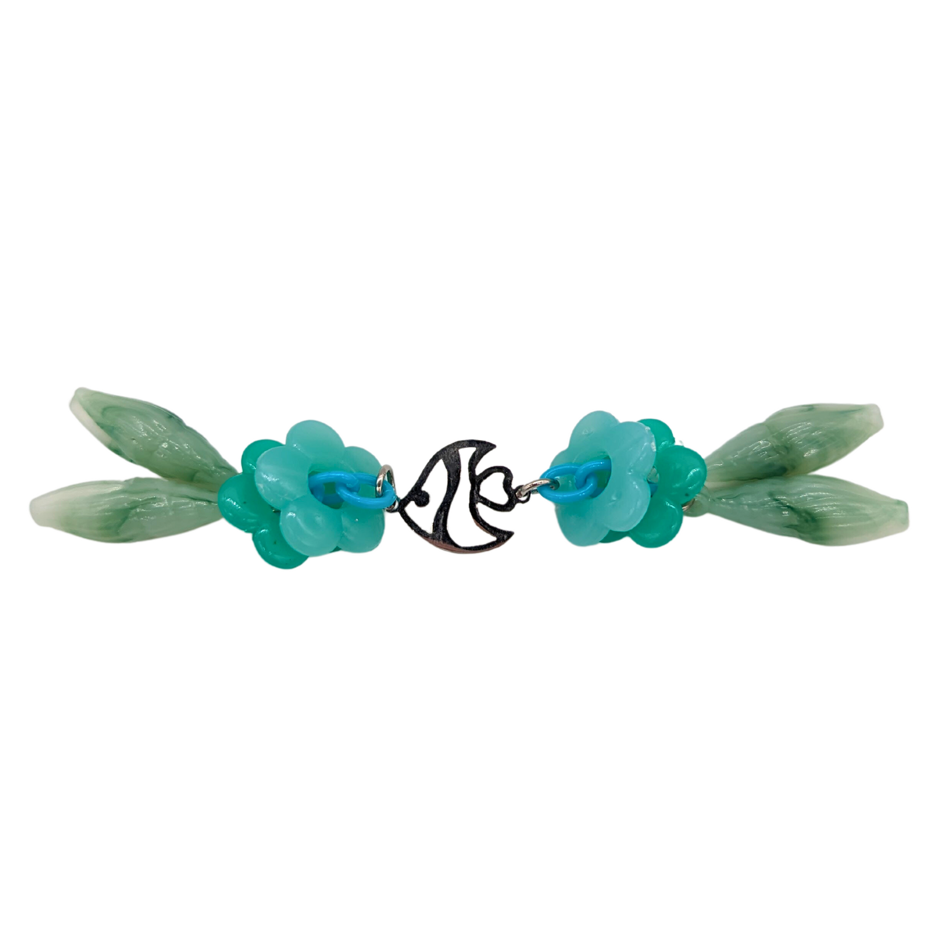 Seafoam bird foot toy by Tiny Conure Trinkets, with plastic and metal pieces