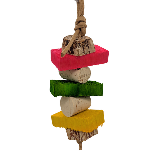 Sparrow small parrot toy by Lil Monsters Bird Toys, with balsa, cork, and mahogany pods