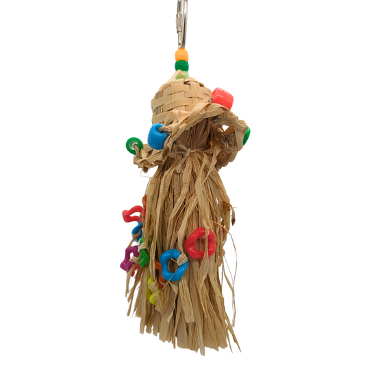 Straw Hat Preener bird toy by Super Bird Creations, made with raffia, bamboo, and plastic charms. 