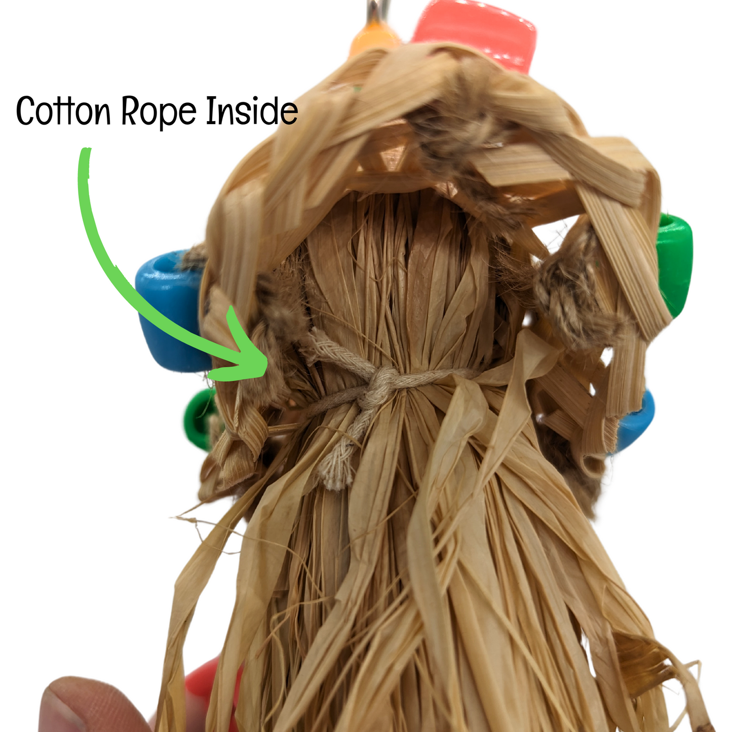 Straw Hat Preener bird toy by Super Bird Creations, detail showing cotton rope inside