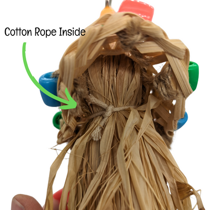 Straw Hat Preener bird toy by Super Bird Creations, detail showing cotton rope inside